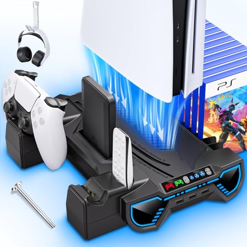 Cooling Station with Controller Charging Station for PS5/Slim/Pro Console | Cooling stand and Controller Charger Accessories for Playstation 5 - LED Light, Turbo Fan, Headset Holder, 3 USB Hub, Black - color: Black