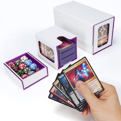 AFIING MTG Commander Card Storage Box - Fits 200 Double Sleeved Cards,3-in-1Card Deck Case,Mtg deck Card Organizer For Commander TCG CCG,4Dividers &2 Toploaders, Whtie/Purple - color: White Purple