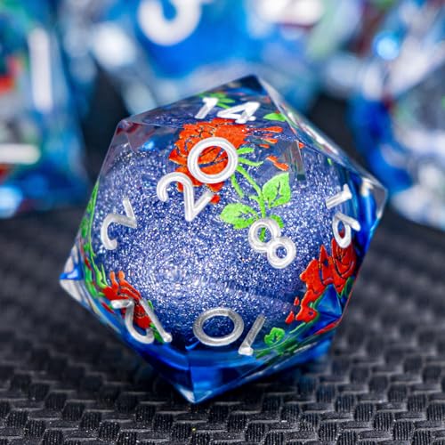 ARUOHHA Liquid Core DND Dice Set, Vampire Sharp Edged Dragons Dice Compatible with D&D RPG Role Playing Games, Resin Blood Red Polyhedral Dungeons D and D Dice with Gift Box D20 D12 D10 D8 D6 D4 - color: Rose - Silver Blue
