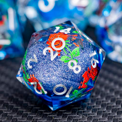 ARUOHHA Liquid Core DND Dice Set, Vampire Sharp Edged Dragons Dice Compatible with D&D RPG Role Playing Games, Resin Blood Red Polyhedral Dungeons D and D Dice with Gift Box D20 D12 D10 D8 D6 D4 - color: Rose - Silver Blue
