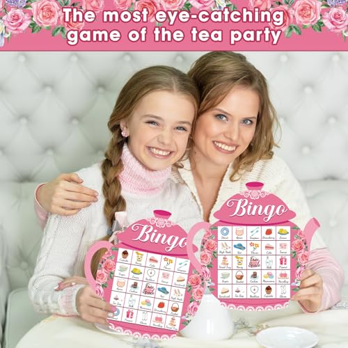 39Pcs Tea Party Bingo Game for Adults 24 Players Floral Teapot Shape Bingo Cards with Reward Stickers for Family Friend Student Large Group Activities Garden Bridal Wedding Holiday Party Favors - style: Tea