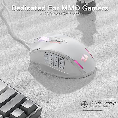 Redragon M908 Impact RGB LED MMO Gaming Mouse with 12 Side Buttons, Optical Wired Ergonomic Mouse with Max 12,400DPI, High Precision, 18 Programmable Macro Shortcuts, Comfort Grip, White | Stable Lag-Free Connection, Redefine Keybinding Macro, Vibing Back