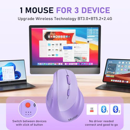 MEETION Ergonomic Wireless Vertical Mouse, Rechargeable, Purple | Bluetooth 5.2 + 3.0 and USB connectivity, RGB backlight, 4 DPI adjustment, compatible with Windows, Mac, Android, PC and iPad - color: Right Purple