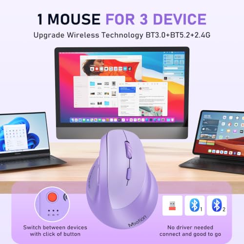 MEETION Ergonomic Wireless Vertical Mouse, Rechargeable, Purple | Bluetooth 5.2 + 3.0 and USB connectivity, RGB backlight, 4 DPI adjustment, compatible with Windows, Mac, Android, PC and iPad - color: Right Purple