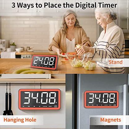 Large 7.8" Digital Timer, Magnetic LED Timer for Kitchen & Classroom | USB-C Rechargeable, Up to 99 Hours Count Up & Countdown Timer with 3 Brightness Levels, 4 Alert Modes and 3 Volume Levels - color: Black Red