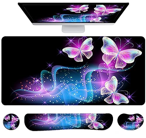 Large Mouse Pad with Wrist Rest, 4-in-1 Wrist Rest for Keyboard and Mouse | Non-Slip Waterproof Desk Mat Set, 35.4"x15.7" Desk Mat+Keyboard Wrist Rest+Mouse Wrist Support+Cup Coaster for Home Office - color: 4Pcs-Butterfly