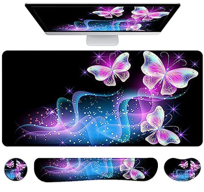 Large Mouse Pad with Wrist Rest, 4-in-1 Wrist Rest for Keyboard and Mouse | Non-Slip Waterproof Desk Mat Set, 35.4"x15.7" Desk Mat+Keyboard Wrist Rest+Mouse Wrist Support+Cup Coaster for Home Office - color: 4Pcs-Butterfly
