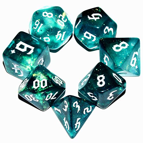 Galaxy Dice Set| Dark Green Mix Cyan Crystal DND Dice Set for Board Game - color: Dark Green Cyan