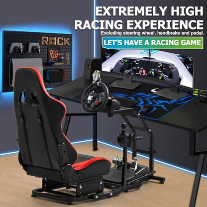 Steering Wheel Stand Racing Cockpit with Red Seat Unobstructed Design for Both Legs Fit for Logitech G29 G920 G923 G25, for Thrustmaster T300RS T80 T150 Adjustable No Steering Wheel, Handbrake, Pedals