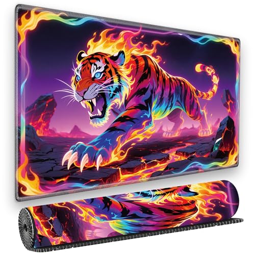 for MTG Playmat, for TCG Play Mat, 24 x 14 inches, Magic Game Card Mat Commander Playmat,Trading Card Inked Game Mat,Battle Game Rubber Non-Slip Mat - Colored Flame Tiger - color: Colored Flame Tiger