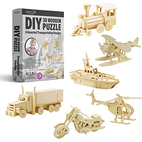 Hands Craft DIY 3D Wooden Puzzle – 6 Assorted Transportation Bundle Pack Set Brain Teaser Puzzles Educational STEM Toy Adults and Kids to Build Safe and Non-Toxic Easy Punch Out Premium Wood JP2B3 - color: Transportation