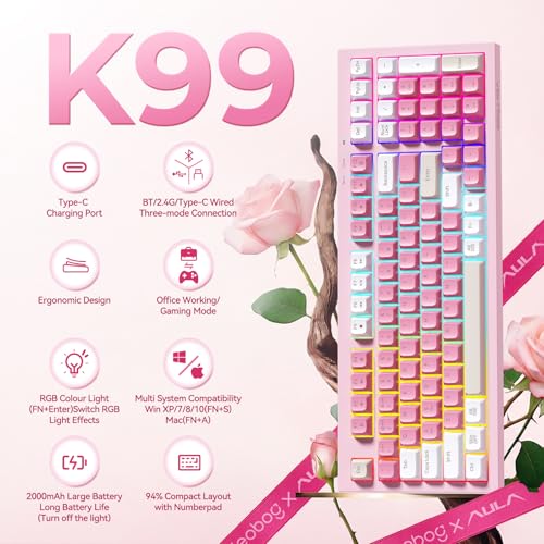 LEOBOG x Aula Pink Keyboard Wireless Creamy Computer Gaming Keyboards | Silent Membrane Keyboard, 98 Keys 2000mAh Quiet Creamy Keyboard with Number Pad, Rechargeable, for PC Mac Office Dorm Rooms - color: Pink