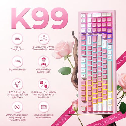 LEOBOG x Aula Pink Keyboard Wireless Creamy Computer Gaming Keyboards | Silent Membrane Keyboard, 98 Keys 2000mAh Quiet Creamy Keyboard with Number Pad, Rechargeable, for PC Mac Office Dorm Rooms - color: Pink