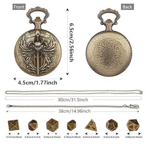 Mini DND Dice Set with Steampunk Paladin Pocket Watch Shell Case, DND Starter Set, 7pcs Polyhedral Mini Metal Dice Set, D&D Gifts with Gift Box, Role Playing Board Game Accessories,Bronze - color: Bronze + Gift Box