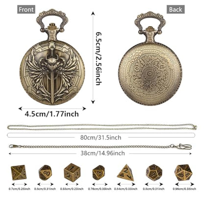 Mini DND Dice Set with Steampunk Paladin Pocket Watch Shell Case, DND Starter Set, 7pcs Polyhedral Mini Metal Dice Set, D&D Gifts with Gift Box, Role Playing Board Game Accessories,Bronze - color: Bronze + Gift Box