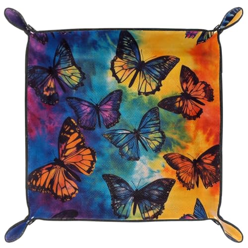 Dice Trays Tie Dye Butterfly Holder Storage Box for Dice Games Like RPG DND, Leather Dice Holder Portable Folding Rolling Dice Tray, 16x16cm - color: Multi 6