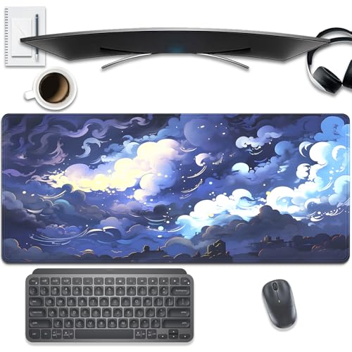 Blue Clouds Mouse Pad,Extended Stars Sky Dark Blue Clouds Mousepad Desk Pad with Stitched Edges,Non-Slip Waterproof Rubber Base Mouse Mat for Office Computer Keyboard Laptop Home 27.5x11.8 in - color: Blue Clouds