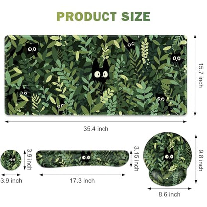 Large Desk Mat, Cute Anime Cats Gaming Mouse Pad, Desk Pad Protector, XXL Mousepad + Keyboard Wrist Rest+Mouse Wrist Rest+Coaster Set with Ergonomic Desk Pad for Home Office PC Computer, Green Leaves - color: Cute Anime Cats