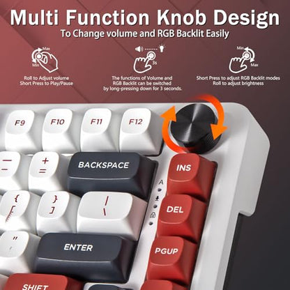 E-YOOSO 75% Wired Mechanical Gaming Keyboard, Creamy Sound, White/Red | Hot Swappable Pre-lubed Red Switches, Gasket Structure, Knob Control, Quiet Portable 75% Compact Custom for PC - color: White Red, Linear Switch
