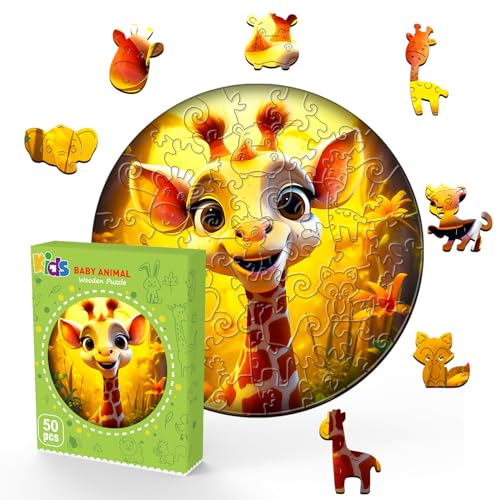 Wooden Puzzles for Kids Ages 4-6 - Giraffe Puzzle (11.4 x 11.4 in) - 50 Piece Puzzles for Kids - All Pieces Unique Shape - Gifts for Boys Girls Toddlers Ages 3-5 2-4 Year Old - color: Cute Giraffe