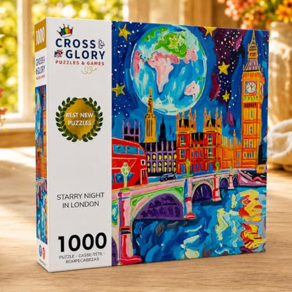 Cross & Glory | Jigsaw Puzzles for Adults | Starry Night in London | Vibrant Art of Big Ben & Red Double Decker | Landscape Puzzles for Adults | 2mm Thick Pieces | Satin Finish | Ages 14+ - color: Starry Night in London