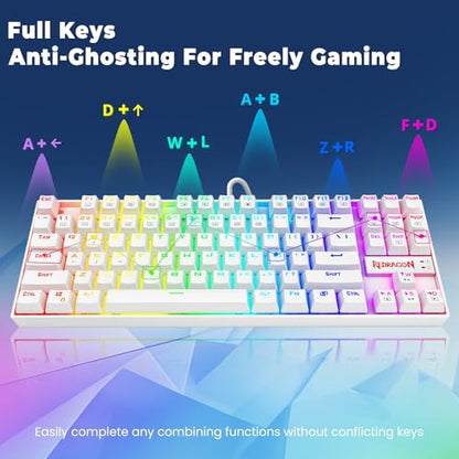 Redragon K552P Mechanical Gaming Keyboard TKL with 18 Backlight Modes, Hot-Swappable Blue Switches, 87-Key Compact Ergonomic Design, N-Key Rollover & Software Programmable Macro - RGB, White - color: White RGB