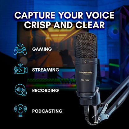 Marantz Professional Pod Pack 1 USB Condenser Microphone Kit for Gaming, Streaming and Podcasting with Built-In Audio Interface, Adjustable Boom Arm and Desk Clamp, Plug-and-Play - style: USB Mic w/ Boom Arm