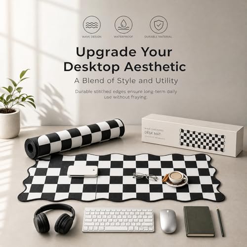 Large Checkered Desk Mat, 31.5" x 15.75" Scalloped Edge Mouse Pad, Non-Slip Rubber Base, Waterproof Desk Pad for Home Office Gaming, Keyboard Pad with Stitched Border (Black)