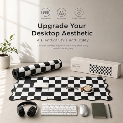 Large Checkered Desk Mat, 31.5" x 15.75" Scalloped Edge Mouse Pad, Non-Slip Rubber Base, Waterproof Desk Pad for Home Office Gaming, Keyboard Pad with Stitched Border (Black)