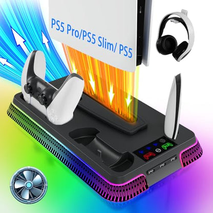 PS5 Cooling Station for PlayStation 5/Slim/Pro Console,PS5 Cooler Fan with Dual PS5 Controller Charger Incl. 3 Level Fans,Headset,USB Hubs,PS5/Slim Stand for PlayStation 5 Accessories - color: Piano-Black 1