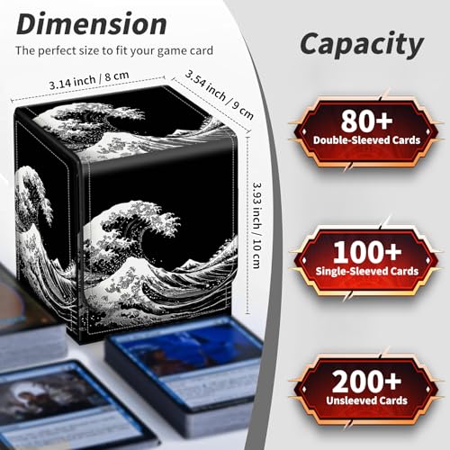 BVDIKMI Card Deck Box for Trading Cards, Card Storage Box Fits 100+ Single Sleeved Cards, PU Leather Strong Magnet Card Deck Case Holder for Magic Commander TCG CCG, Japanese Sea Wave - color: Japanese Sea Wave