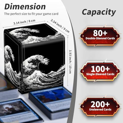 BVDIKMI Card Deck Box for Trading Cards, Card Storage Box Fits 100+ Single Sleeved Cards, PU Leather Strong Magnet Card Deck Case Holder for Magic Commander TCG CCG, Japanese Sea Wave - color: Japanese Sea Wave