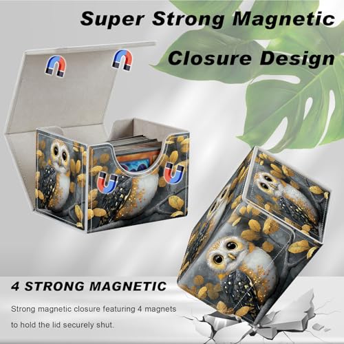 Magnetic Closure TCG Deck Box Portable Card Holder Trading Card Deck Box | PU Leather Collectible Card Case Game Trading Card Deck Box Storage Scratch Resistant Lining, Cute Owl And Golden Leaves - color: Cute Owl And Golden Leaves