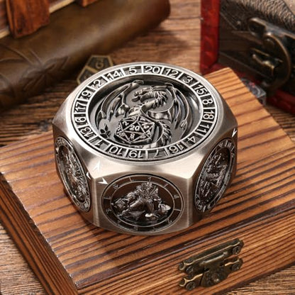 DND Polyhedral Game Dice, D&D Spinner Dice, 8-in-1 Metal Dice Set | 3D Hexagon Relief Design, D&D Spinner Dice, DND Gifts, Role Playing Board Game Accessories, with Gift Box, Dark Silver - color: Silver
