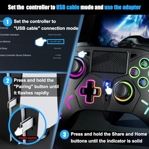 Gamrombo LED Wireless Controller for PS5 with 2.4g adpter, Compatible with PS5 Pro/Slim/PC, Dual Vibration, Marco/Turbo Function, 3.5mm Audio Jack, 6-Axis Motion Contro Gamepad with Speaker - color: RGB Black