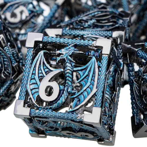 ARUOHHA Hollow DND Metal Dice Set Black Blue Dragons D and D Dice with Gift Box, Role Playing Games Dungeons Polyhedral Dice D20 D12 D10 D8 D6 D4 - color: Black Blue-01