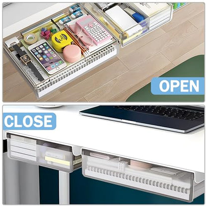 SVNNELP Large Under Desk Table Drawer Storage Organizer A4,Desk Accessories & Workspace Organizers,Hidden Self-Adhesive Under Table Pencil Tray Drawer for Office(Clear White)