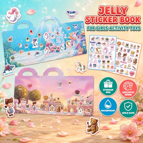 Reusable Jelly Sticker Books for Girls 3-8, Toddlers 2-4, 4 Sets | Unicorn, Mermaid, Ballet & Doll | Reusable Jelly Stickers Silicone | 3D Puffy Window Cling | Travel Gift | Girls Ages 2-8 - style: Unicorn/Mermaid/Ballet/Doll