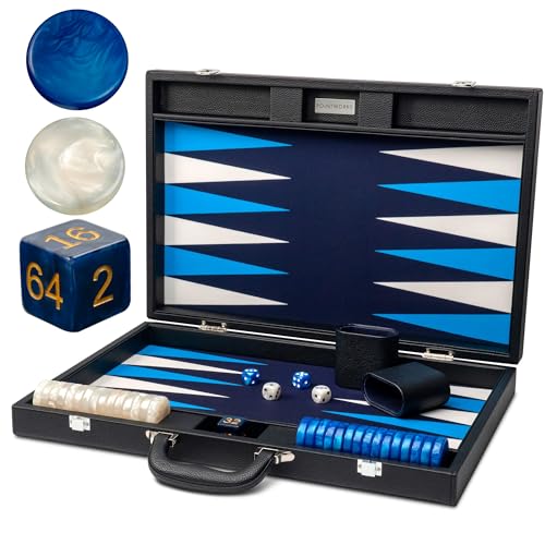 Pointworks 19 Inch Premium Backgammon Sets for Adults Leather Black - Blue. Premium 1.6 Inch Checkers & Dice Set, Travel Backgammon Set, Large, Backgammon Board Game, Backgammon Game Set - color: Black Case - Blue Field