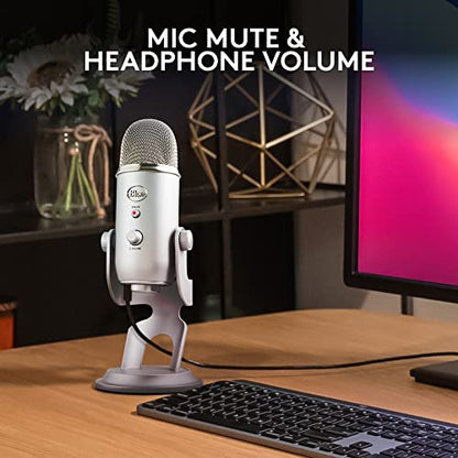Logitech Creators Blue Yeti USB Microphone for PC, Mac, Gaming, Recording, Streaming, Podcasting, Studio and Computer Condenser Mic with Blue VO!CE Effects, 4 Pickup Patterns, Plug and Play - Silver | Tri-Capsule Condenser USB Mic, 4 Pickup Patterns, Bidi