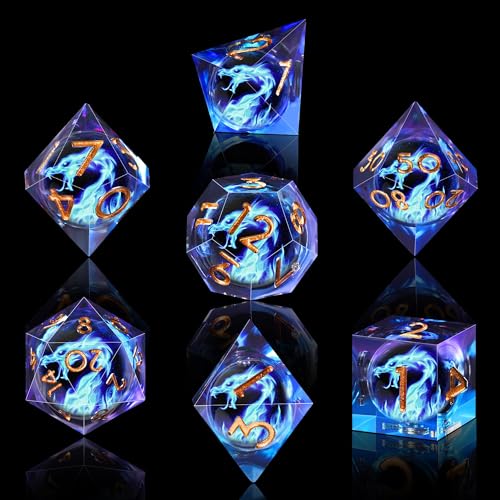 AUSTOR 7 Die DND Dice Set - Blue Flame Dragon Resin Dice (D20, D12, D10, D8, D6, D4) with Case - color: Blue Flame Dragon
