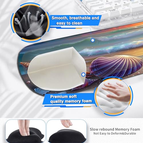 Large Gaming Mouse Pad+ Keyboard Wrist Rest Set, Ergonomics Memory Foam Mouse Mat Wrist Rest Support for Home Office, Waterproof Extended Mousepad 31.5x11.8in, Sea Waves Shells Desk Pad - color: Yvb-mousepad-9-f-168