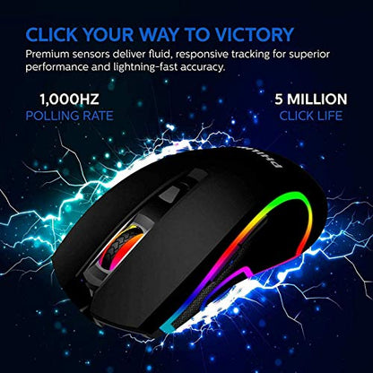Philips Wired PC Gaming Mouse RGB Spectrum Backlit Ergonomic Mouse, Programmable Buttons Up to 6400 Adjustable DPI Optical USB Computer Mice for Windows PC Gamers