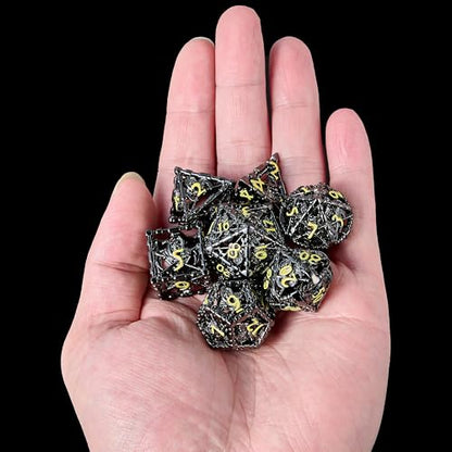 Hollow Grim Reaper Metal DND Dice Set,7-Piece Polyhedral RPG Dice,3D Hollow Wizard Skeleton Design for D&D, RPGs, MTG, and Board Games(Yellow Numbers) - color: Hollow Wizard Black