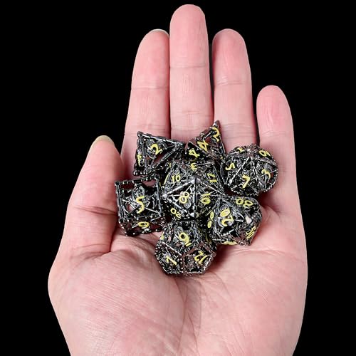 Hollow Grim Reaper Metal DND Dice Set,7-Piece Polyhedral RPG Dice,3D Hollow Wizard Skeleton Design for D&D, RPGs, MTG, and Board Games(Yellow Numbers) - color: Hollow Wizard Black