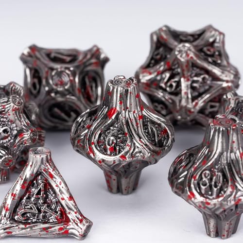 Metal DND Dice 7PCS Metal Dice Set Bloodstained for Tabletop Games | Leather Storage Bag, DM Gift, for Dungeons and Dragons Role Playing Games - color: Metal Tree-blood