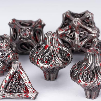 Metal DND Dice 7PCS Metal Dice Set Bloodstained for Tabletop Games | Leather Storage Bag, DM Gift, for Dungeons and Dragons Role Playing Games - color: Metal Tree-blood