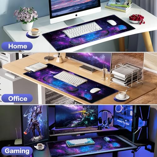 Mouse Pad Galaxy with Wrist Rest, 4-in-1 Large Mousepad+Keyboard Wrist Rest+Mouse Pad Wrist Support+Cup Pad Set,Ergonomic Mouse Pad,Anti-Slip,Memory Foam Desk Mat for Home Office Gaming(35.4×15.7in) - color: Galaxy