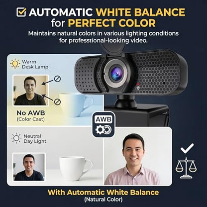 4K Webcam with Autofocus & Tripod, Camera for PC Laptop with Dual Microphone, USB Computer Camera with Low Light Correction, Auto White Balance, Video Camera for Streaming, Meetings, Office, Zoom - style: 4K-PDAF