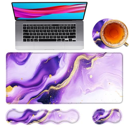 Large Mouse Pad and Keyboard Wrist Rest, Desk Pad for Keyboard and Mouse, 4-in-1 Large Gaming Mouse Pad with Wrist Support, Desk Mat for Home Office Study Game,Purple and Gold Marble - color: Purple and Gold Marble